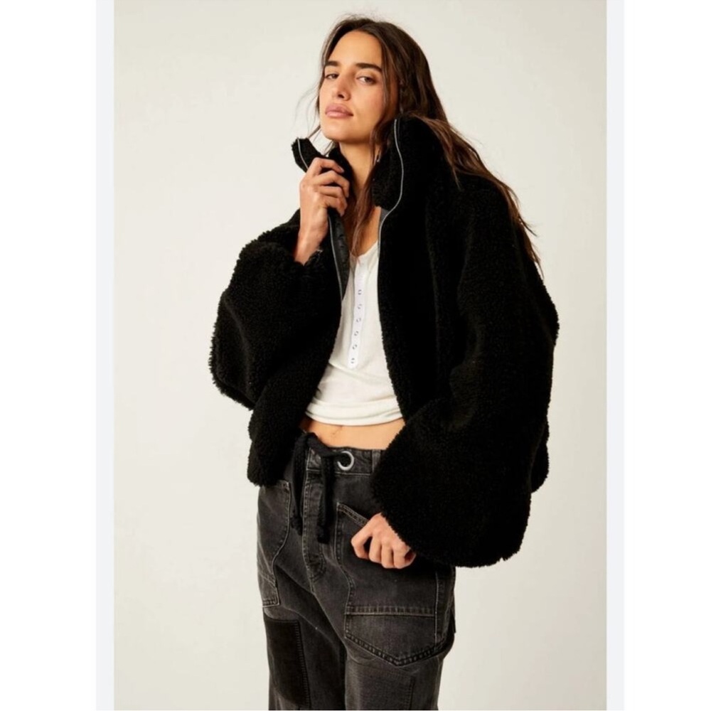 NWOT Free People Get Cozy Black Teddy Zip-Up Jacket